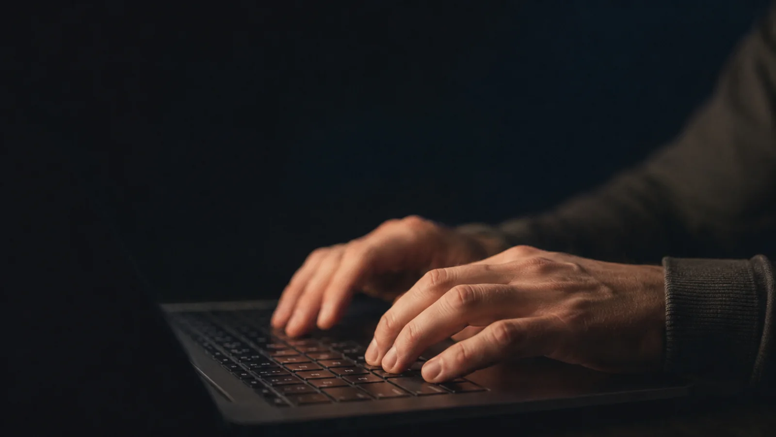 Hände schreiben konzentriert an einem Laptop